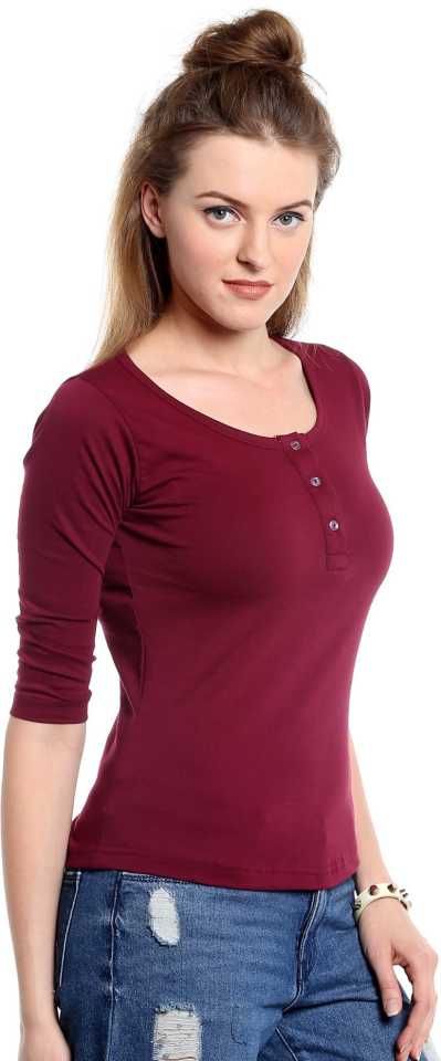 Women Maroon 3/4 Sleeves Henley T-Shirt